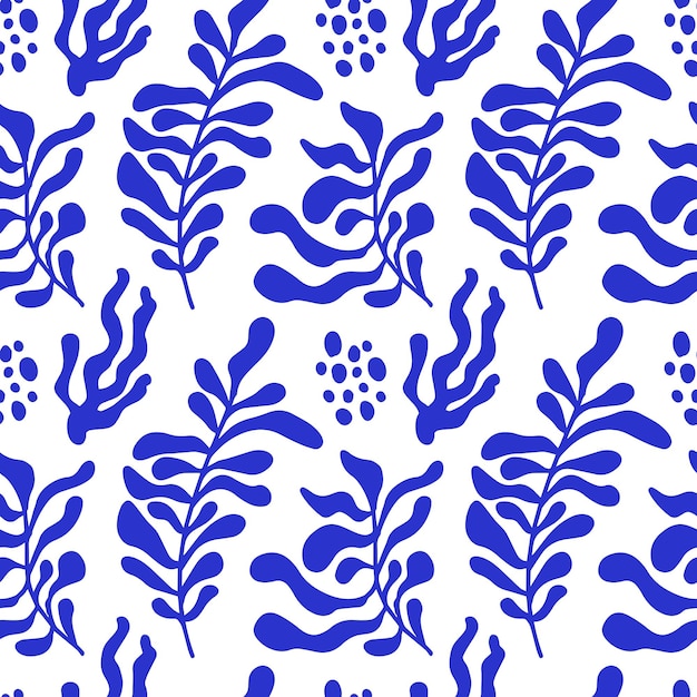 Patrón de vector transparente con formas abstractas de estilo matisse siluetas recortadas dibujadas a mano de branchcorals fondo de arte de garabato contemporáneo