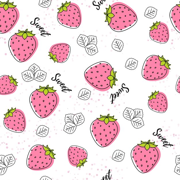 Patrón de vector transparente de fresa Fresas rosadas y hojas de línea con trazo de garabato negro sobre fondo blanco
