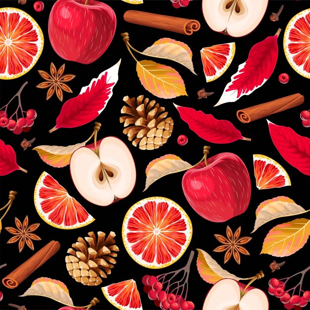 Patrón de vector transparente con frutas y especias
