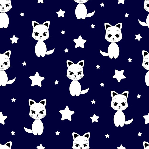 Patrón de vector transparente con gato y estrellas