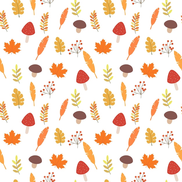 Patrón de vector transparente de hojas de otoño, setas y bayas. Patrón de otoño para la decoración de Halloween.