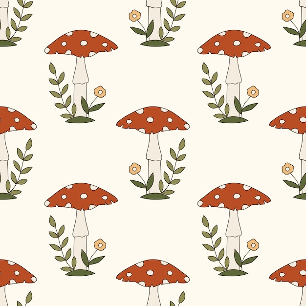 Patrón de vector transparente con hongos venenosos en estilo de arte de los años 70 fondo de amanita maravilloso retro