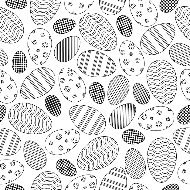 Patrón de vector transparente Huevos de contorno negro sobre un fondo blanco Ilustración monocromática simple de Pascua