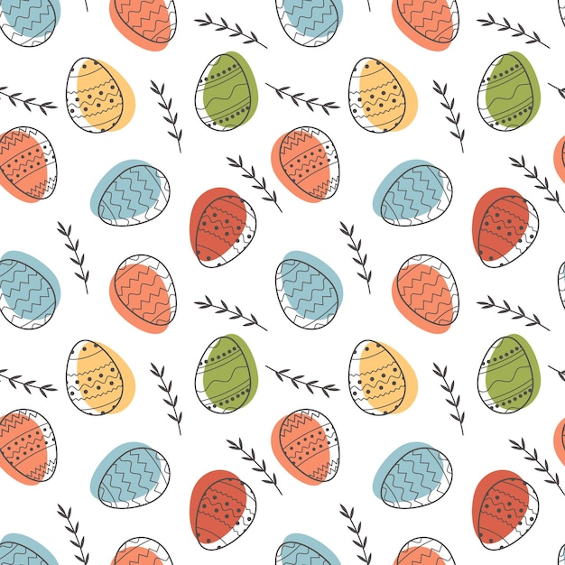 Patrón de vector transparente de huevos de Pascua decorados y elementos florales abstractos sobre fondo blanco Patrones geométricos pastel delineados de moda festiva con línea negra Diseño de vacaciones plano