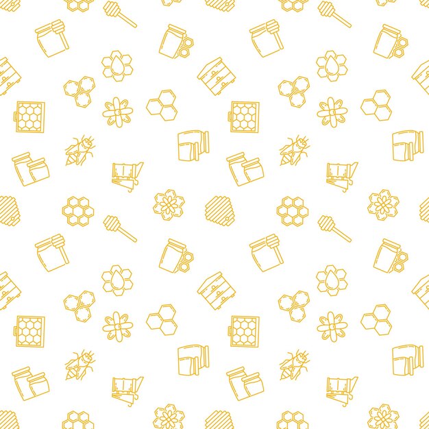 Patrón de vector transparente con iconos lineales de apicultura amarilla