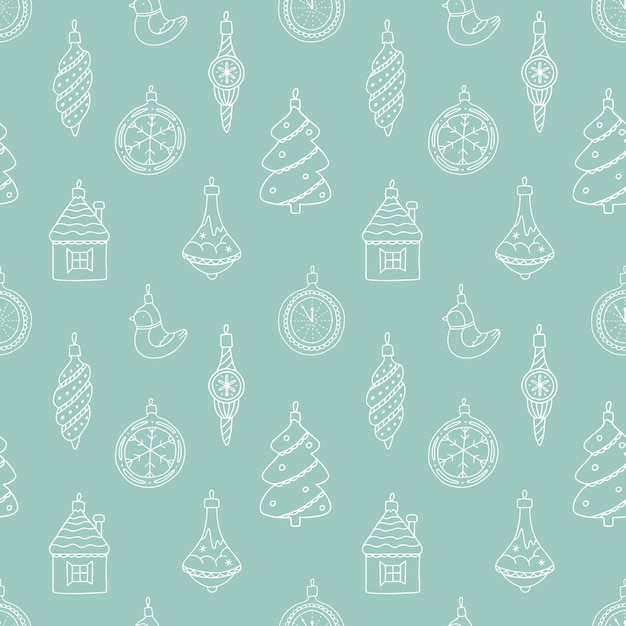 Patrón de vector transparente con juguetes de navidad blancos, decoraciones sobre un fondo azul.