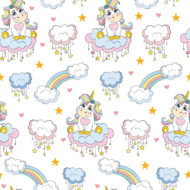 Patrón de vector transparente lindo bebé unicornio blanco