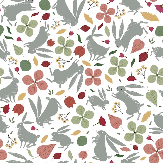 Patrón de vector transparente con lindo conejito de liebre gris y flores Impresión de hierbas de plantas gráficas