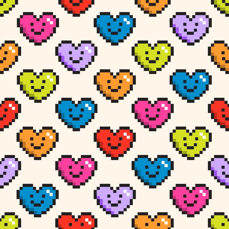 Vector patrón de vector transparente con lindo corazón de pixel art fondo con símbolo de amor geek