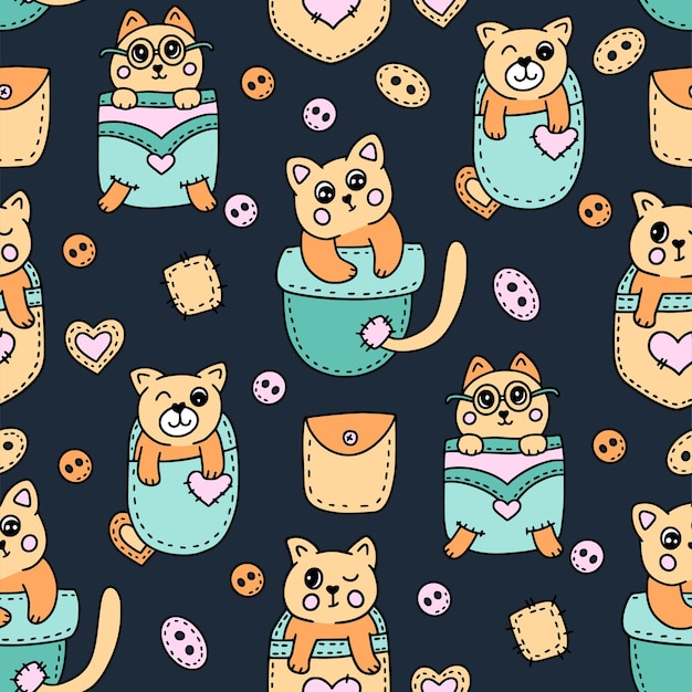 Patrón de vector transparente lindo gato kawaii
