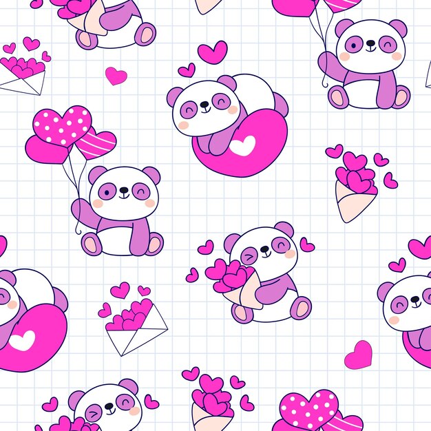 Patrón de vector transparente con lindo panda fondo de san valentín