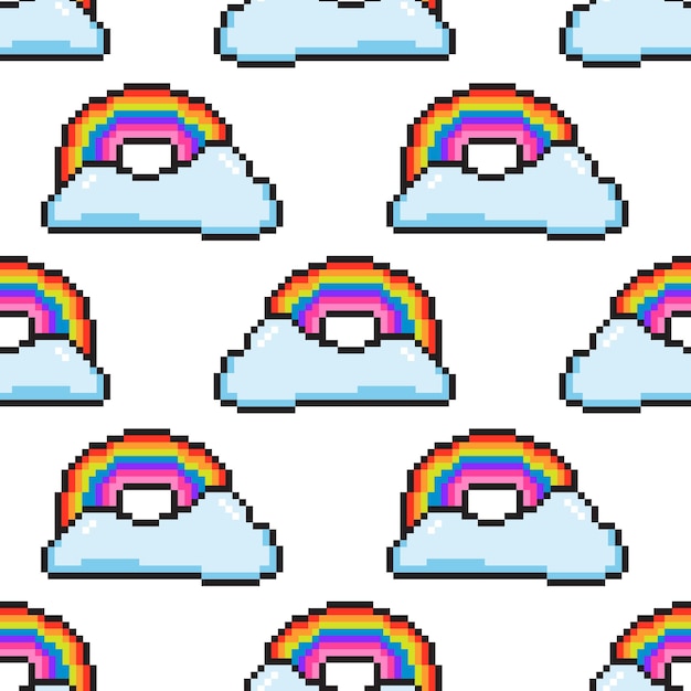 Patrón de vector transparente con lindo pixel arco iris y fondo de nube con colorido elemento geek