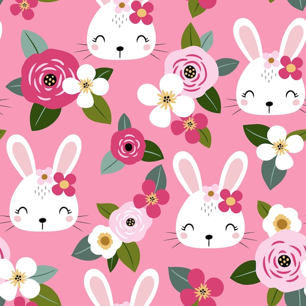 Patrón de vector transparente con lindos conejos blancos sobre fondo rosa floral