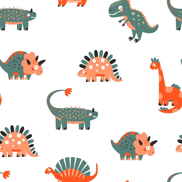 Patrón de vector transparente con lindos dinosaurios animales prehistóricos en estilo de dibujos animados