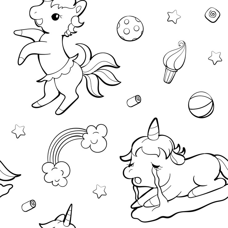 Vector patrón de vector transparente con lindos unicornios sobre fondo blanco perfecto para papel tapiz textil o diseño de impresión diseño para libro de colorear