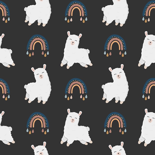 Patrón de vector transparente con llama alpaca y arco iris Textura de bebé de moda para envoltura de ropa de papel tapiz de tela
