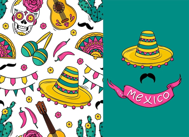 Patrón de vector transparente mexicano con calaveras de azúcar, flores, guitarra, cactus, bigote sobre fondo blanco. un patrón para unas vacaciones. postal viva mexico.