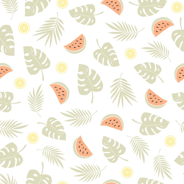 Patrón de vector transparente moderno de verano de hojas de palma monstera sandías limones
