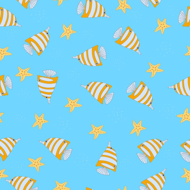 Patrón de vector transparente Mundo submarino con hermosos peces y estrellas de mar