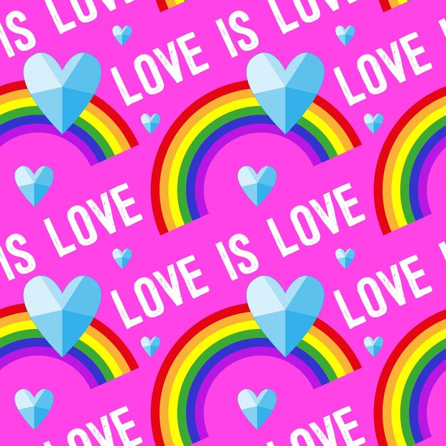 Patrón de vector transparente con las palabras amor es amor corazones facetados azules y un patrón de orgullo de arco iris LGBT Ilustraciones aisladas en un fondo rosa Para empaquetar textiles Día de San Valentín
