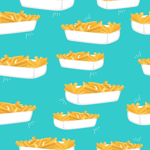 Patrón de vector transparente con papas fritas. Ilustración de comida rápida.