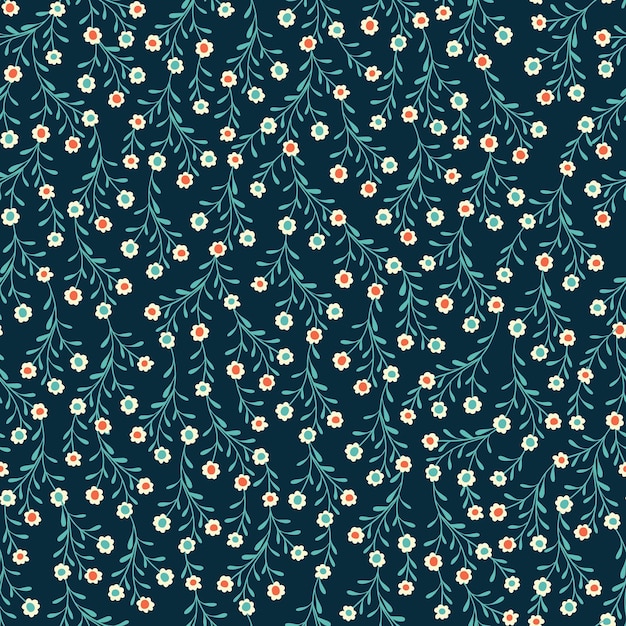 Patrón de vector transparente con pequeñas flores en ropa de cama de embalaje de envoltura textil verde oscuro