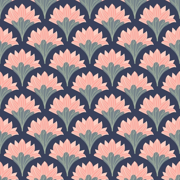 Patrón de vector transparente rosa loto. Lirio de agua y hojas sobre fondo oscuro.