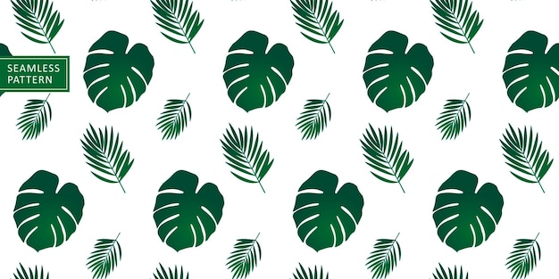 Patrón de vector transparente tropical con hojas de monstera y hojas de palma sobre fondo blanco para cubiertas de papel de envoltura textil y fondos de pantalla