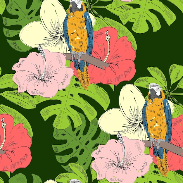 Patrón de vector transparente tropical con loro y flores