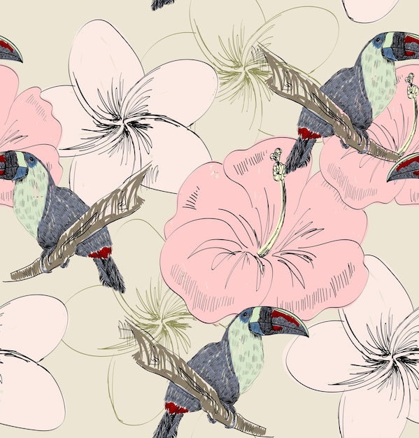 Patrón de vector transparente tropical con loro y flores