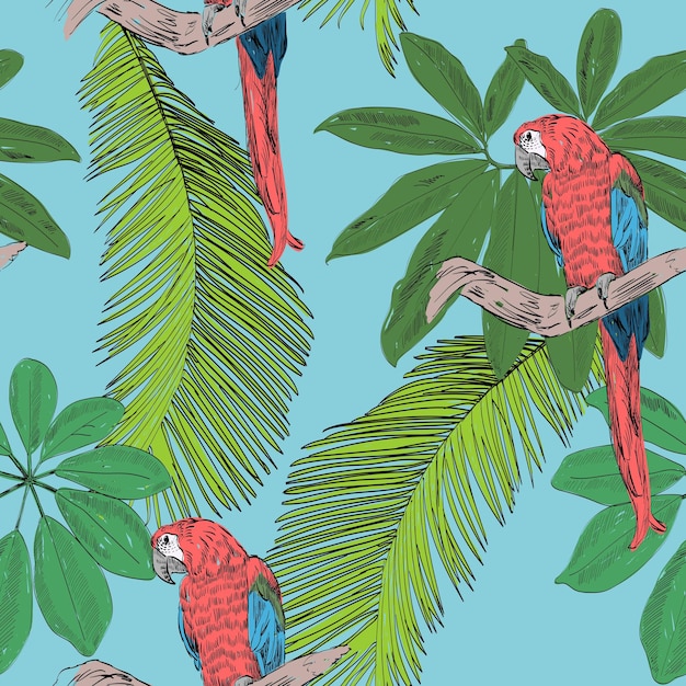 Patrón de vector transparente tropical con loro y flores