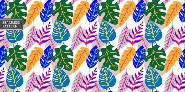 Patrón de vector transparente de verano alegre con ramitas hojas hojas de palma hojas de monstera para imprimir cubiertas de papel de envoltura de pastilla y fondos de pantalla