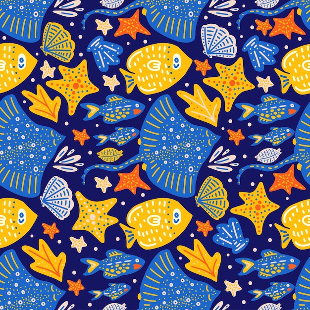 Patrón de vector transparente de verano de raya de pescado. Niño de dibujos animados lindo fondo.