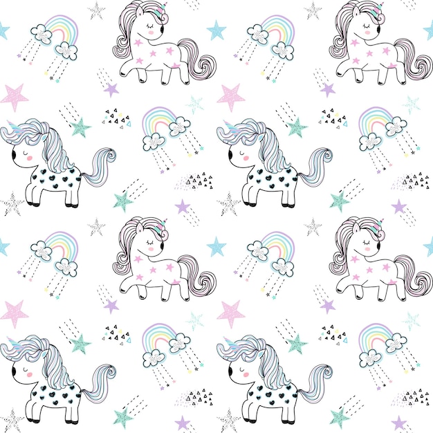 Vector patrón de vector con unicornios y estrellas lindo patrón de unicornio transparente para niños