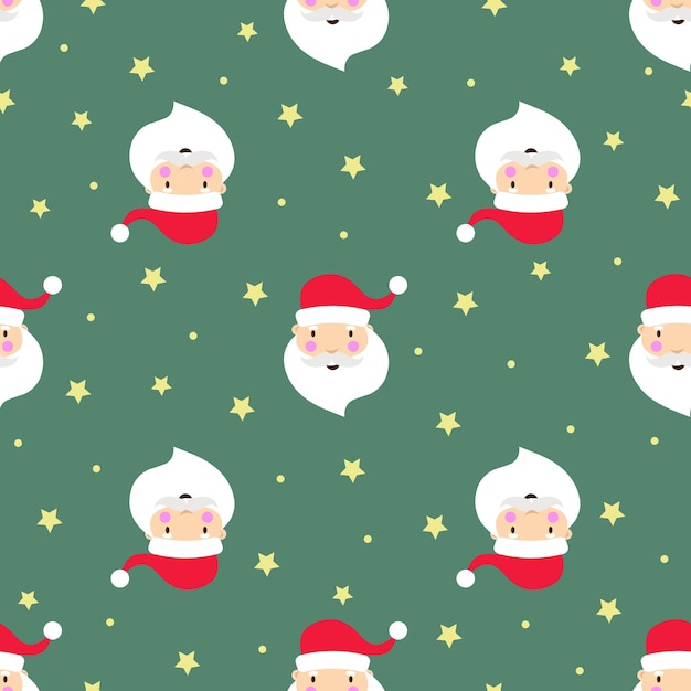 Patrón de vector de vacaciones de año nuevo sin costuras con cabeza de Papá Noel en sombrero rojo y barba en verde