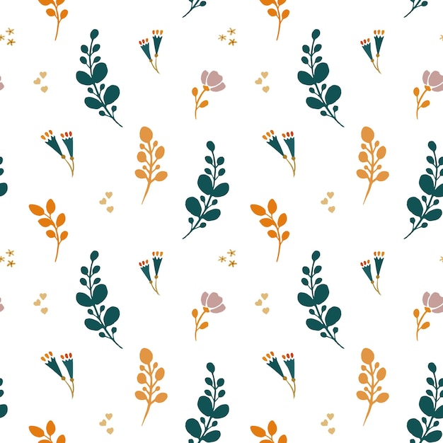Patrón de vectores. Motivos vegetales de color naranja, turquesa, marrón. Imagen perfecta en una parte posterior transparente