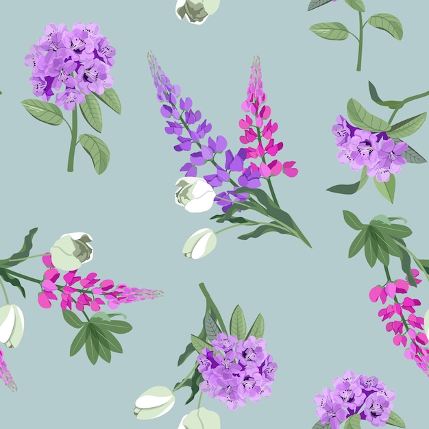 Vector patrón vectorial con altramuces de rododendro y tulipanes sobre un fondo gris patrón sin costuras para papel de tela y otros proyectos de impresión y web