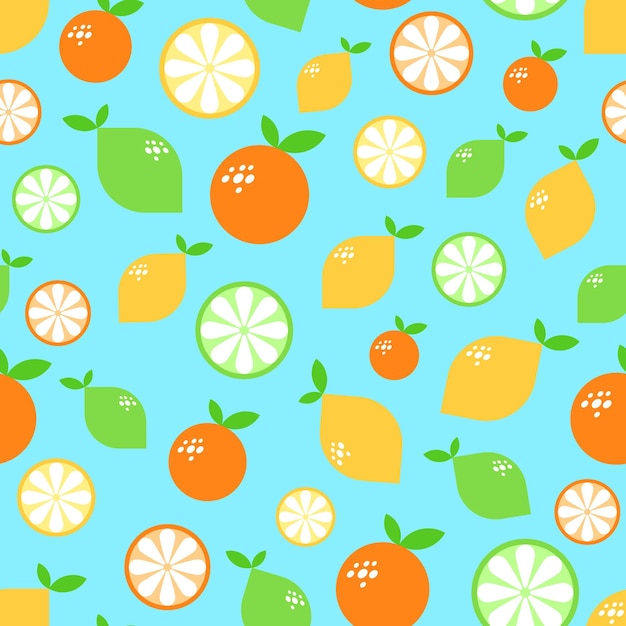 Patrón vectorial con amarillo limón verde limón y naranja en fondo azul