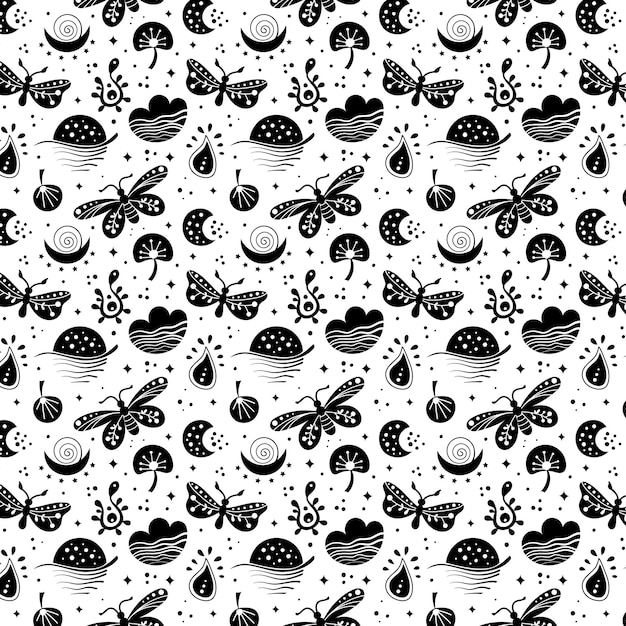 Patrón vectorial de arte popular neo sin costuras con polilla mariposa y flores diseño floral negro y blanco