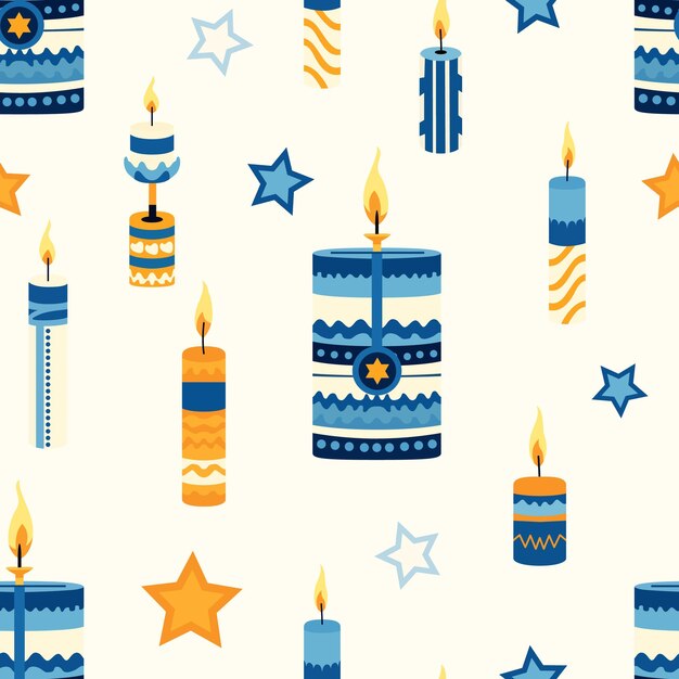 Patrón vectorial caprichoso que celebra Hanukkah Donas festivas y velas brillantes crean