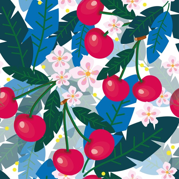 patrón vectorial cereza madura con hojas y flores