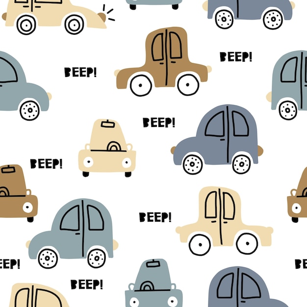 Patrón vectorial cómico y repetitivo con coches en fondo blanco