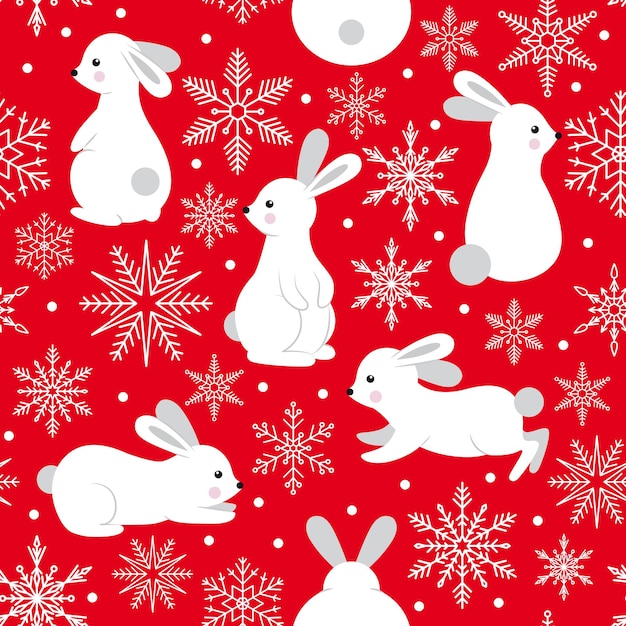 Patrón vectorial con conejitos lindos y copos de nieve fondo de Año Nuevo para envolver tela de papel