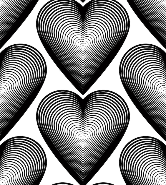 Patrón vectorial continuo con líneas gráficas negras, fondo abstracto decorativo con corazones románticos. Fondo transparente ornamental monocromático, se puede utilizar para diseño y textil.