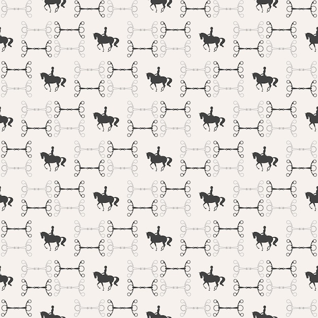 Patrón vectorial sin costura mordedura de caballo y jinete montando un caballo