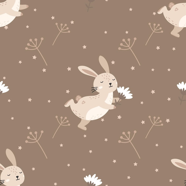 Patrón vectorial sin costuras con adorables conejitos dibujados a mano con suaves elementos florales pastel perfectos para textiles de guardería ropa infantil y papel de envolver acogedor
