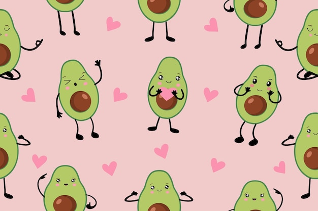 Patrón vectorial sin costuras de aguacate en estilo kawaii Patrón infantil de moda para decoración de interiores carteles textiles Ilustración vectorial simple con comida vegetariana saludable