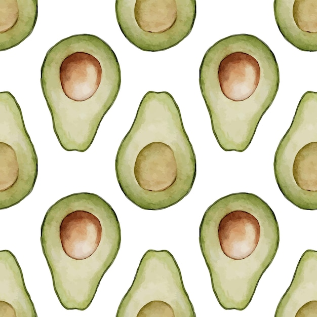 Patrón vectorial sin costuras de aguacate Fondo de acuarela de alimentos verdes Ilustración aislada dibujada a mano Pintura botánica de frutas o verduras Dibujo de adornos para telas y textiles de cocina