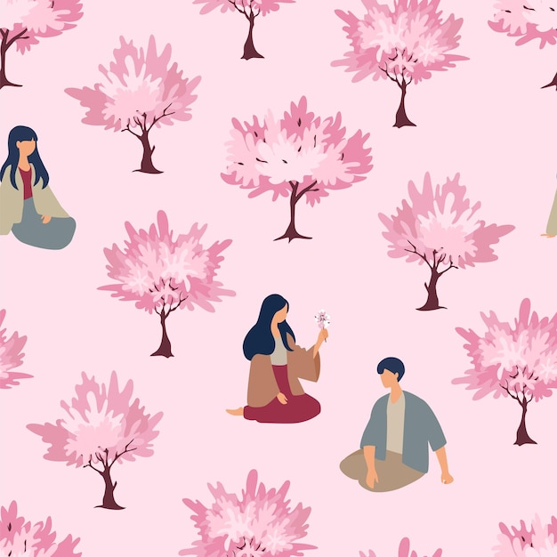 Patrón vectorial sin costuras con árboles de cerezos en flor y personas disfrutando de la primavera