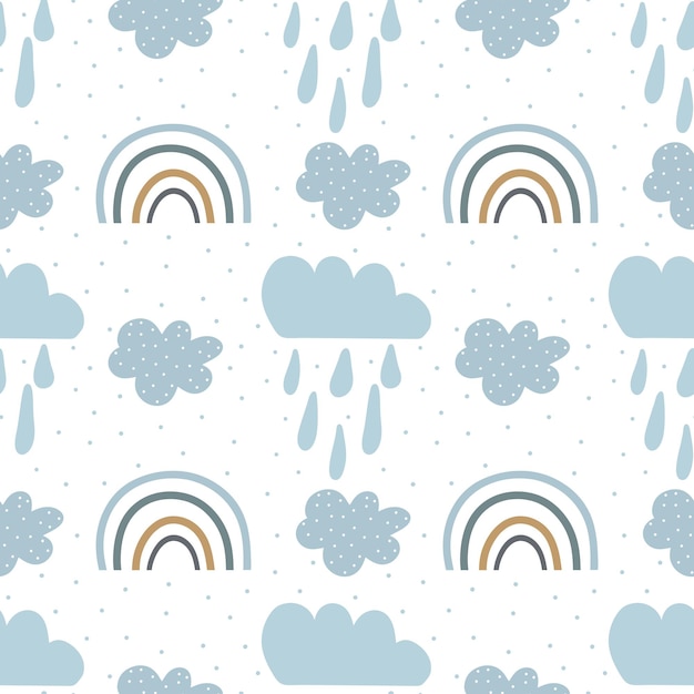 Patrón vectorial sin costuras con arco iris y nubes dibujadas a mano